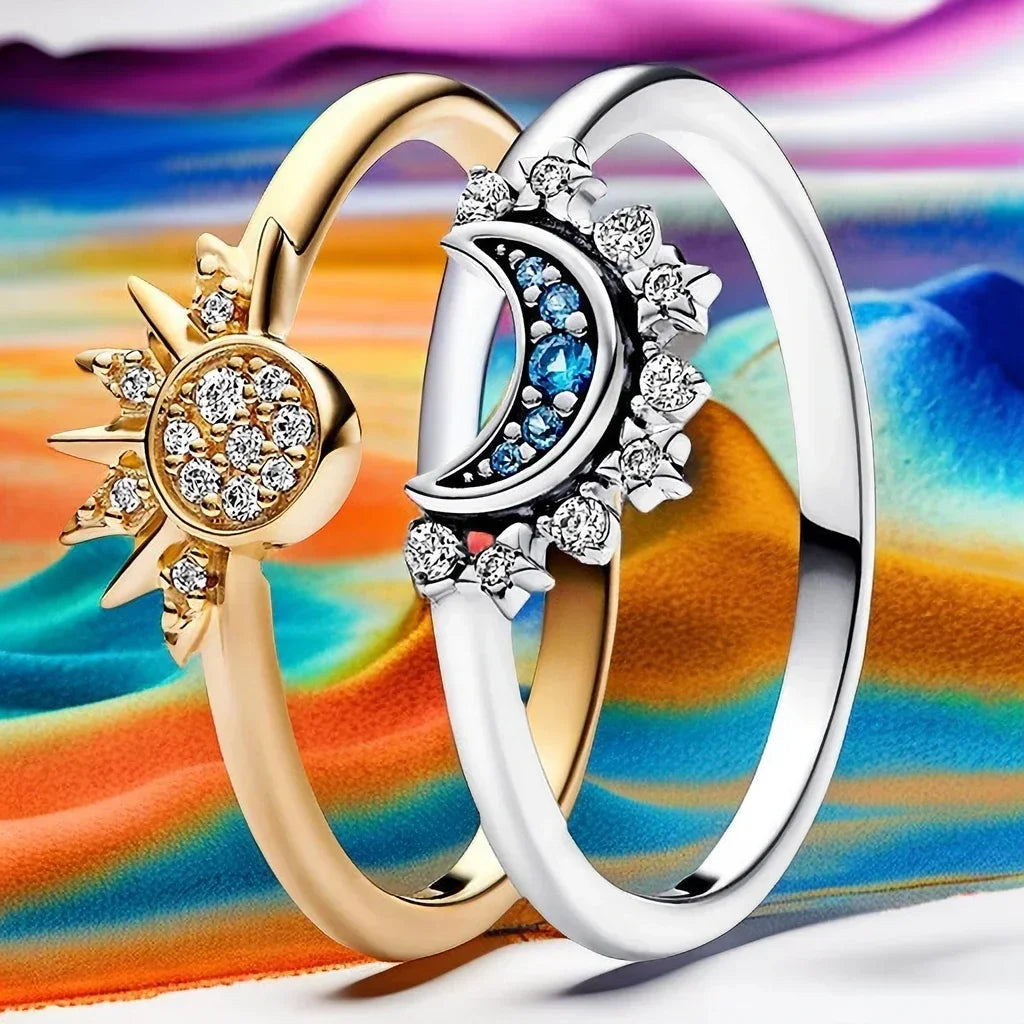 Summer Celestial Blue Sparkling Moon Sun Ring For Women Cocktail Stackable Finger Band Fashion Silver 925 Fine Jewellry Crystal Summer Celestial Blue Sparkling Moon Sun Ring For Women Cocktail Stackable Finger Band Fashion Silver 925 Fine Jewellry Crystal